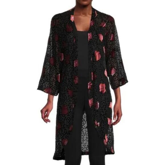 NWT Saachi Burnout Rose Velvet Ruana Kimono Women's Black Pink One Size - Picture 1 of 5